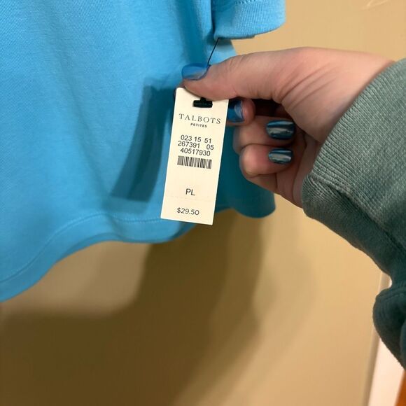 Talbots Aqua Blue Bateau Neck Cotton 3/4 Sleeve Shirt Petite Large NWT - Picture 2 of 5
